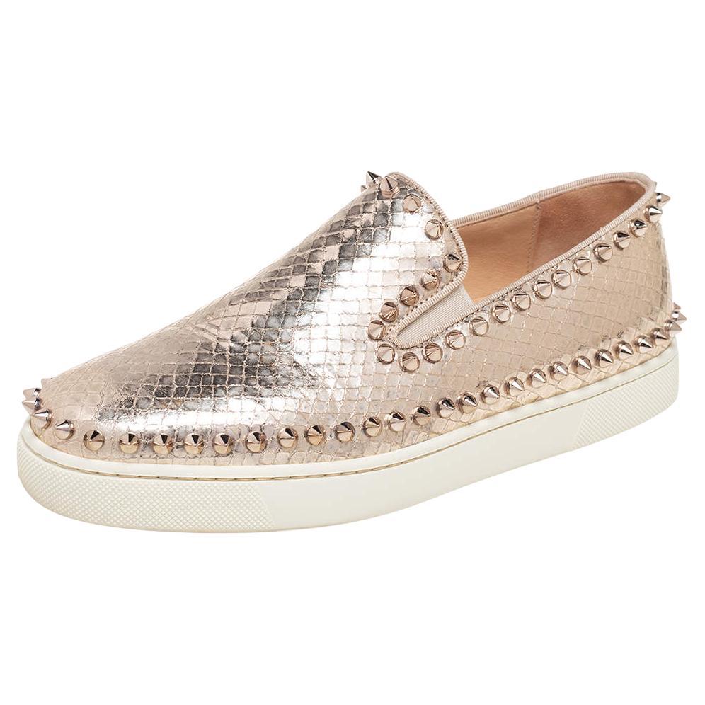 Christian Louboutin Gold Python Embossd Leather Spike Slip On Sneakers Size 37 For Sale