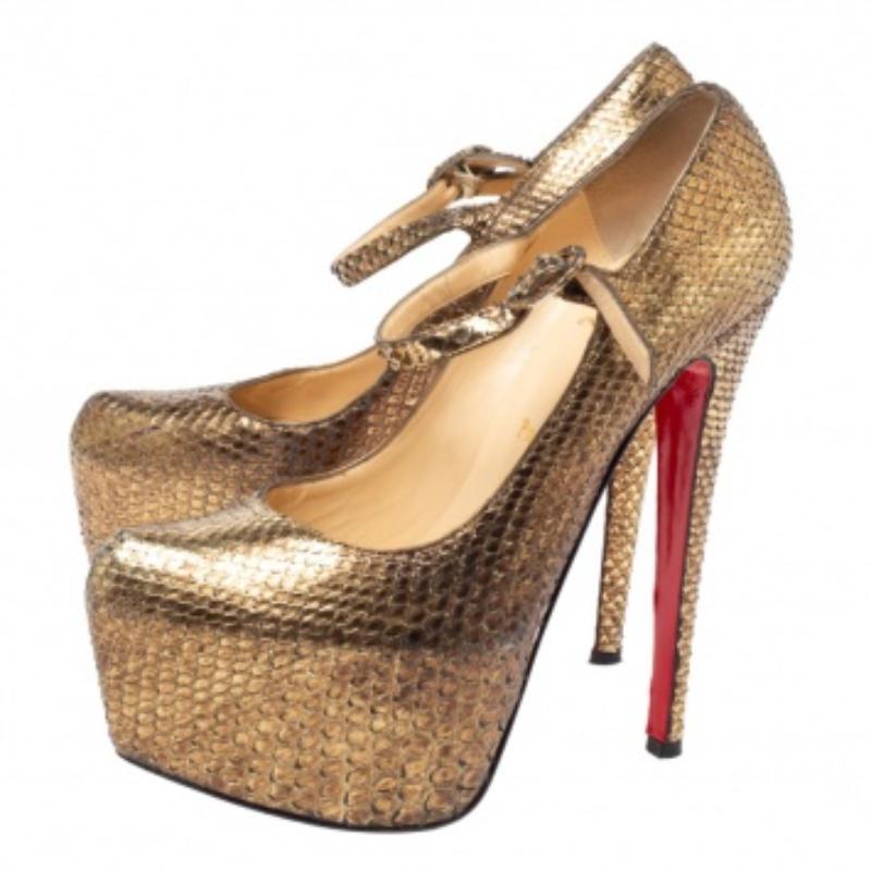 Brown Christian Louboutin Gold Python Lady Daf Mary Jane Platform Pumps Size 37.5 For Sale