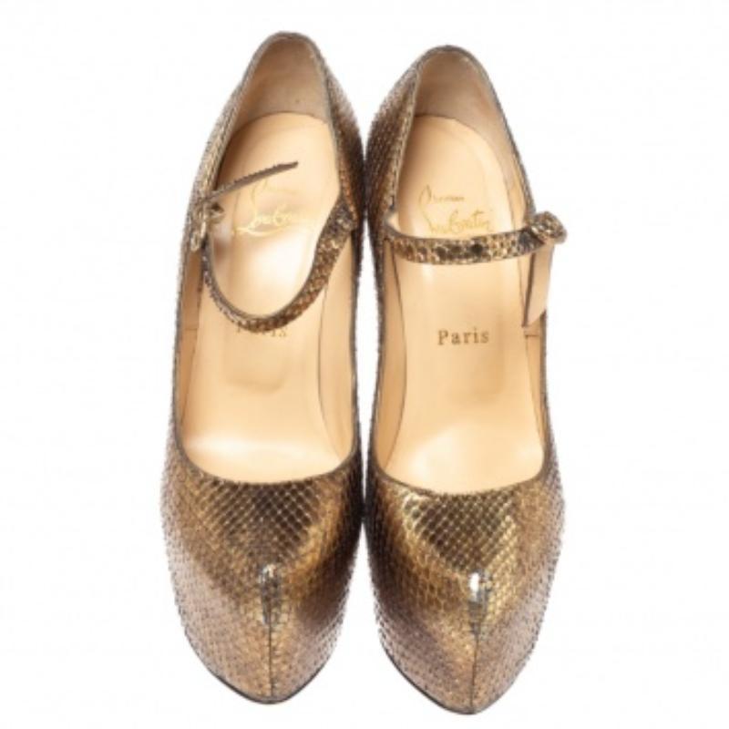 Women's Christian Louboutin Gold Python Lady Daf Mary Jane Platform Pumps Size 37.5 For Sale