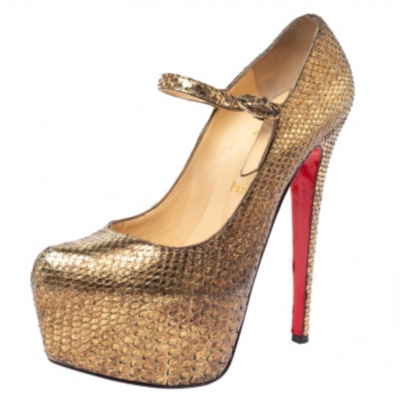Christian Louboutin Gold Python Lady Daf Mary Jane Platform Pumps Size 37.5 For Sale 2