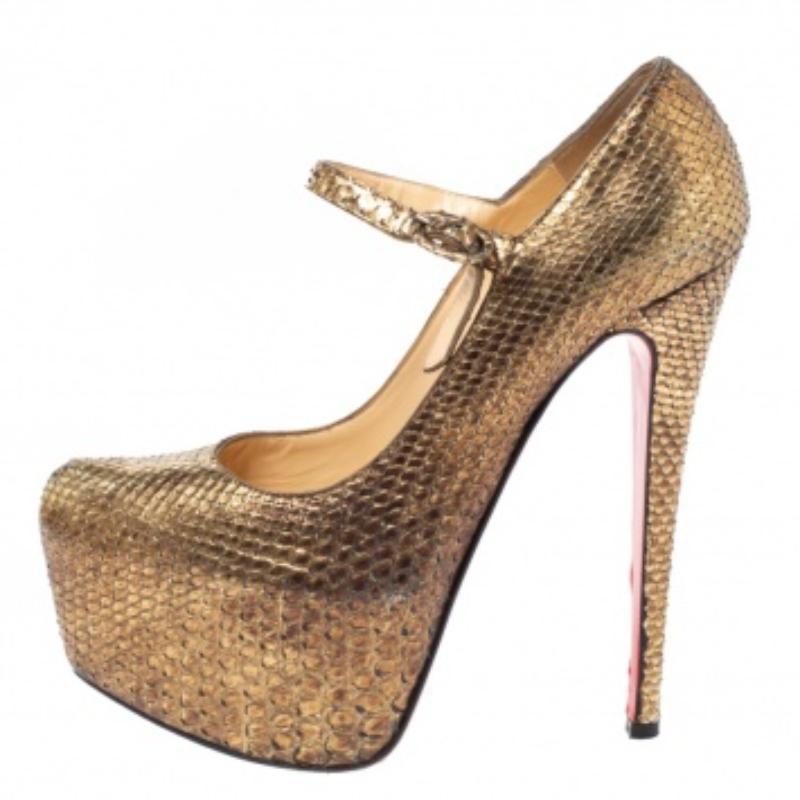 Christian Louboutin Gold Python Lady Daf Mary Jane Platform Pumps Size 37.5 For Sale 3