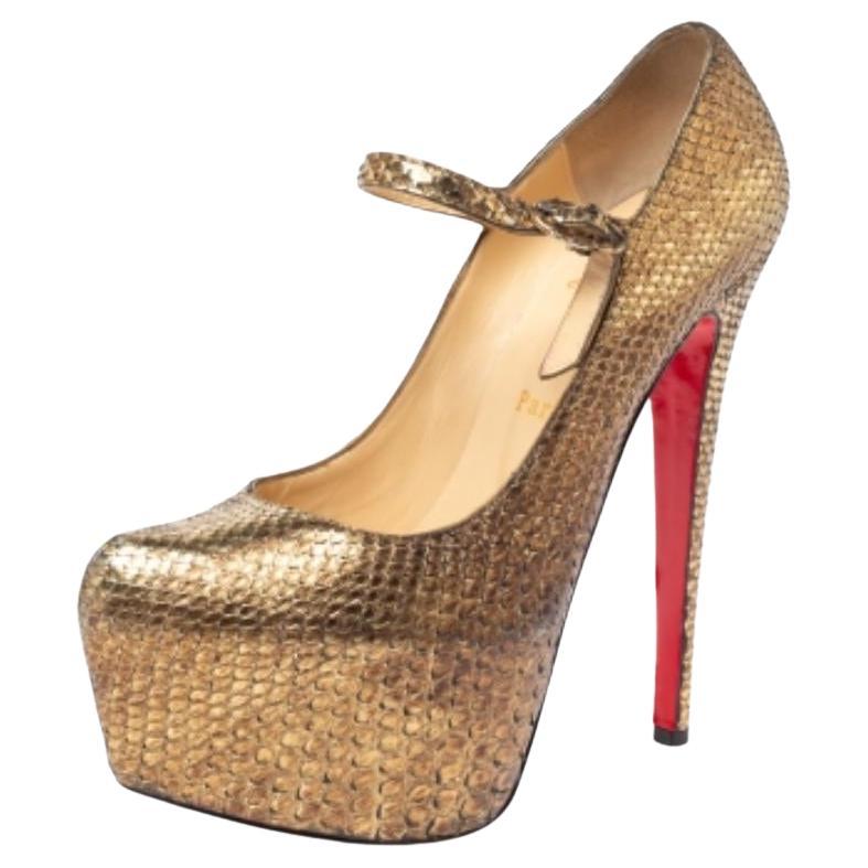 Christian Louboutin Gold Python Lady Daf Mary Jane Platform Pumps Size 37.5 For Sale