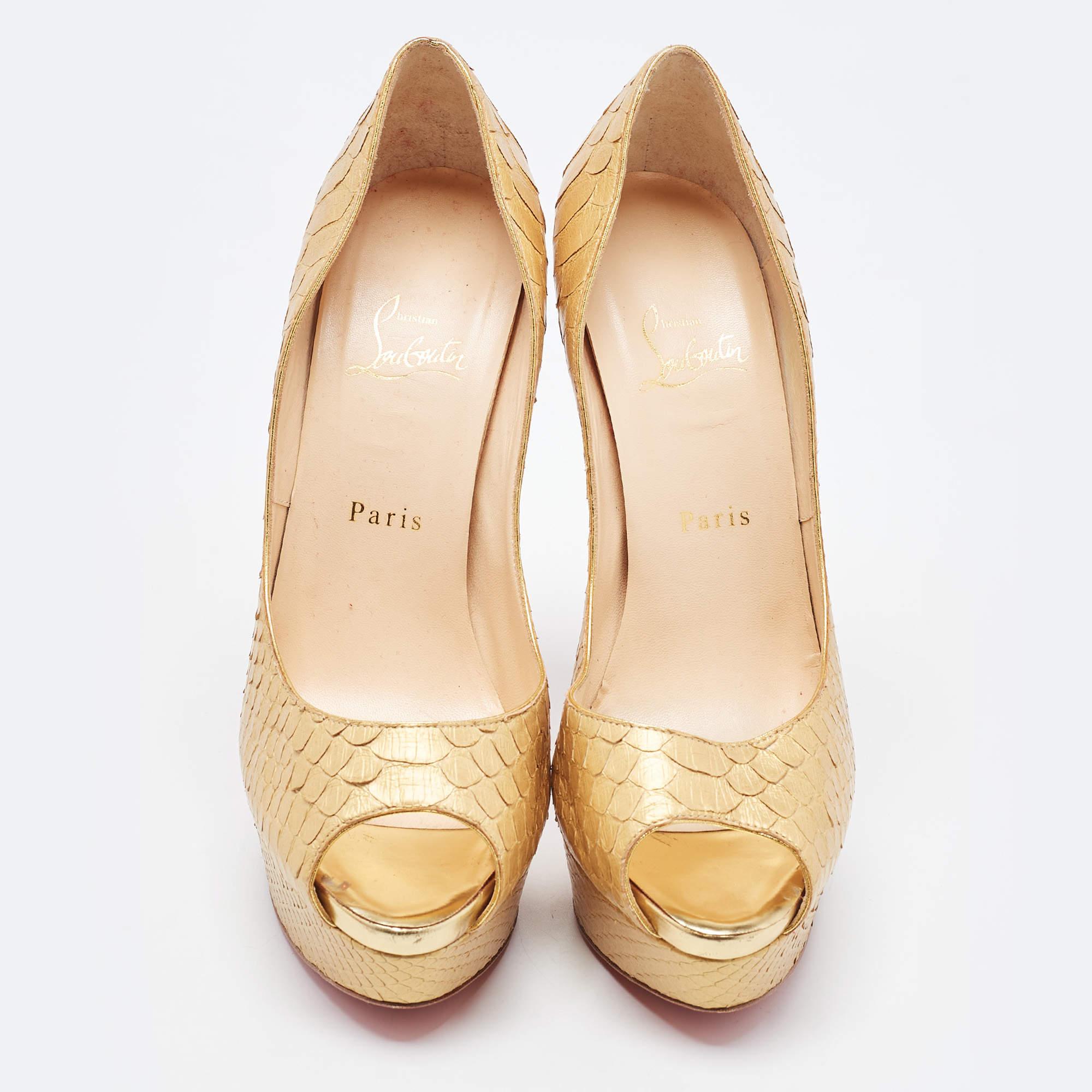 Women's Christian Louboutin Gold Python Lady Peep Toe Pumps Size 40 For Sale