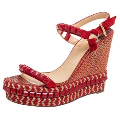 Christian Louboutin Gold/Red Suede Studded Cataclou Wedge Sandals Size 38