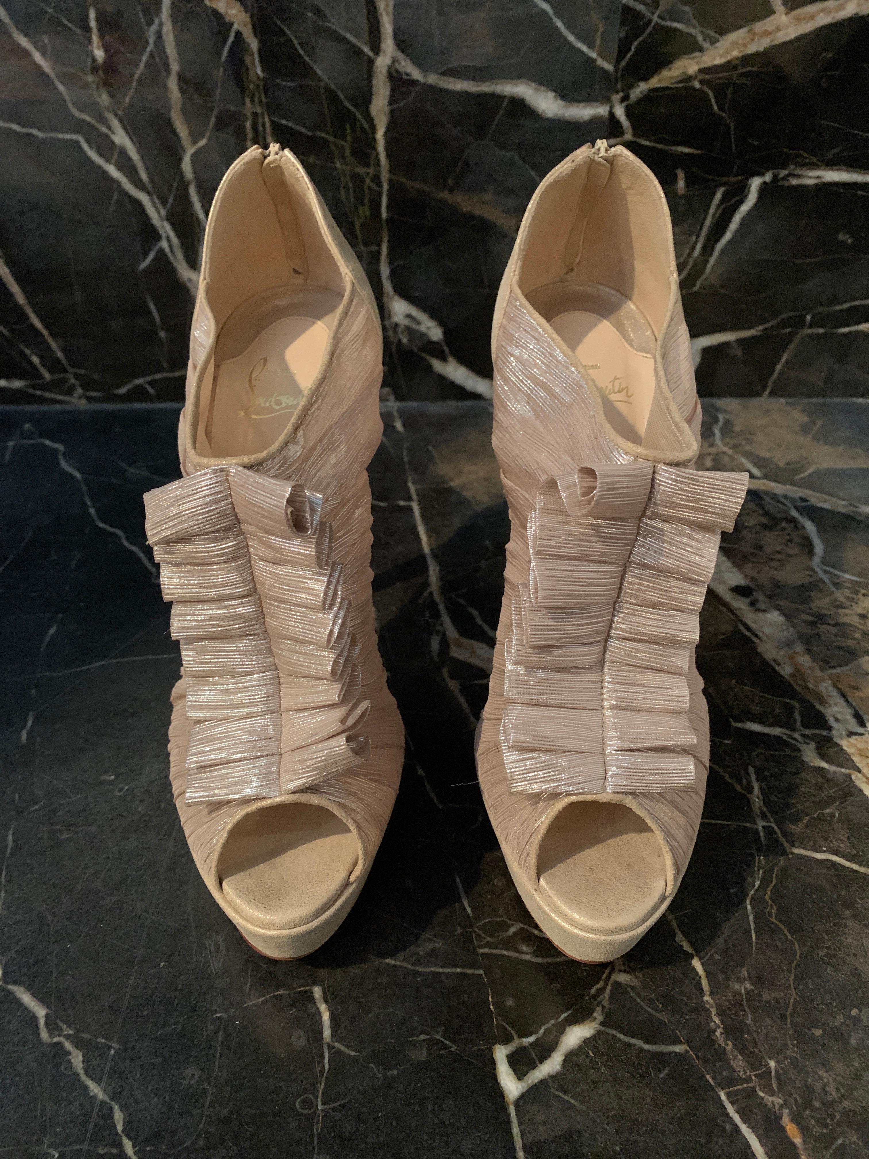 Christian Louboutin Gold Silk Ruffle Stiletto Heels Size 40  3