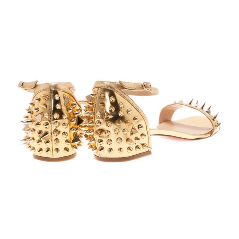 Women's Christian Louboutin Gold Spiked Leather Druide Sandals Size 38