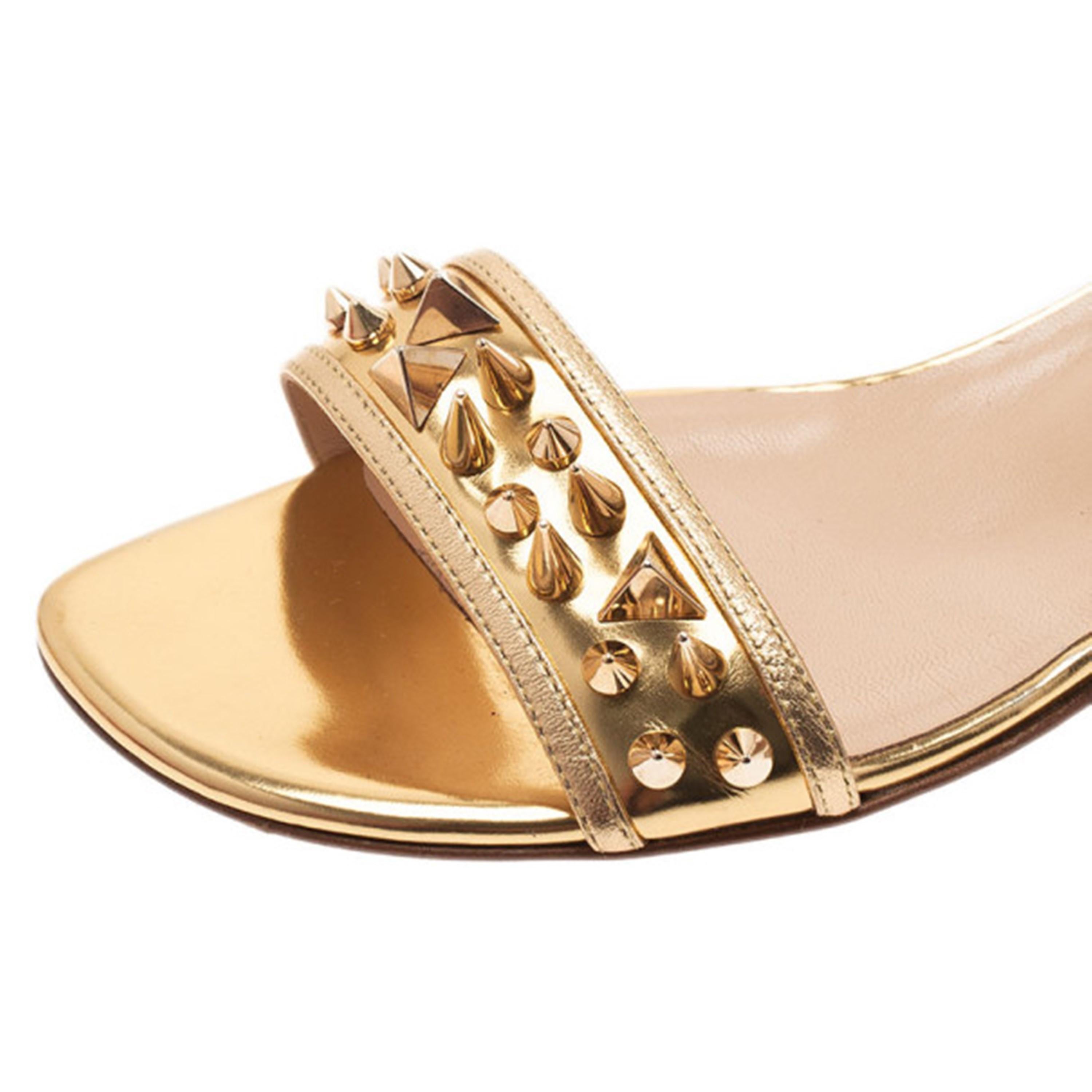 Women's Christian Louboutin Gold Spiked Leather Druide Sandals Size 38