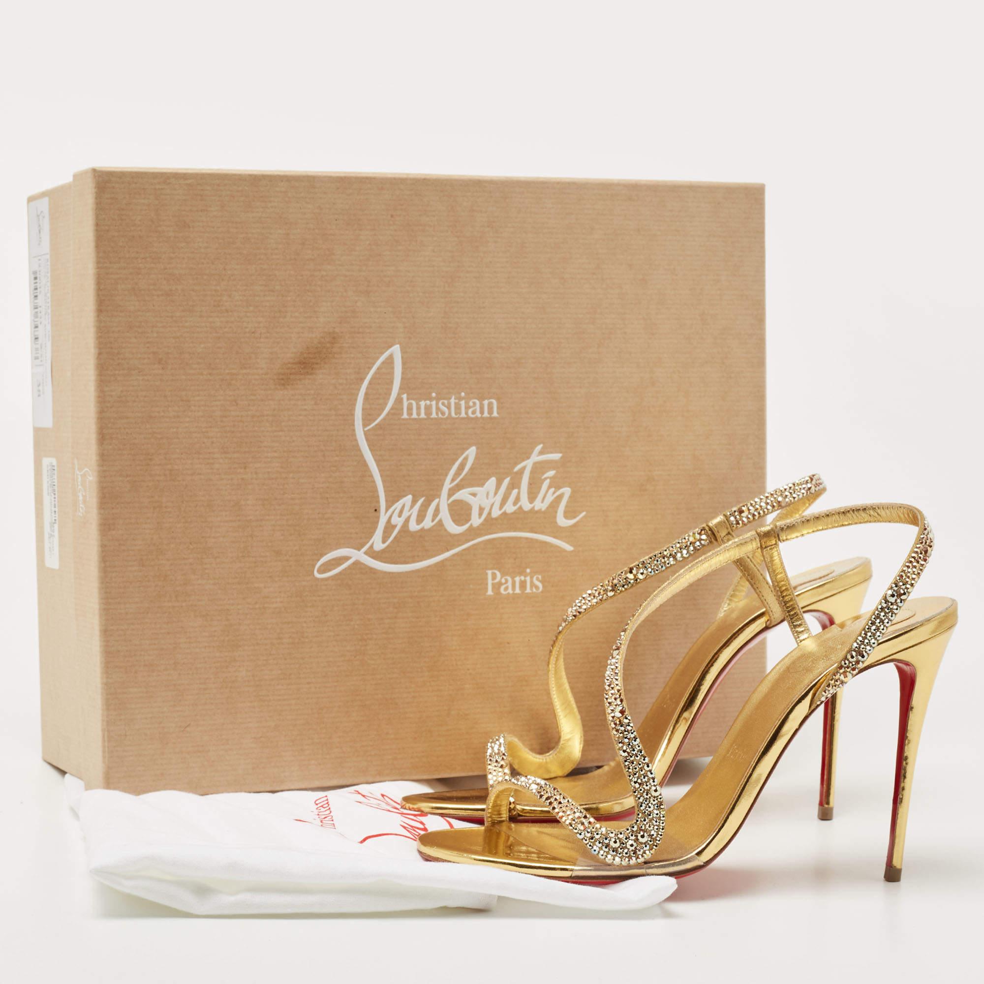 Christian Louboutin Gold Suede Crystal Embellished Rosalie Sandals Size 38 In Good Condition In Dubai, Al Qouz 2