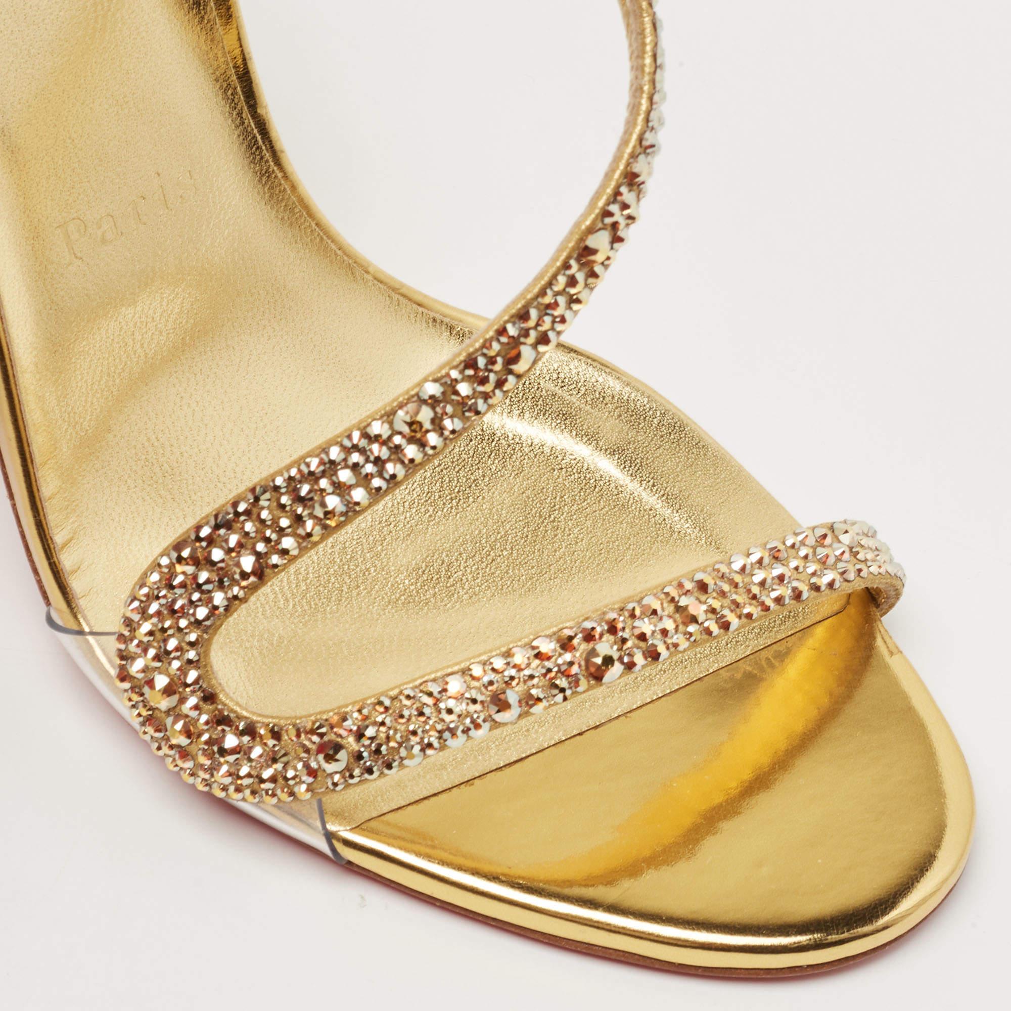 Women's Christian Louboutin Gold Suede Crystal Embellished Rosalie Sandals Size 38