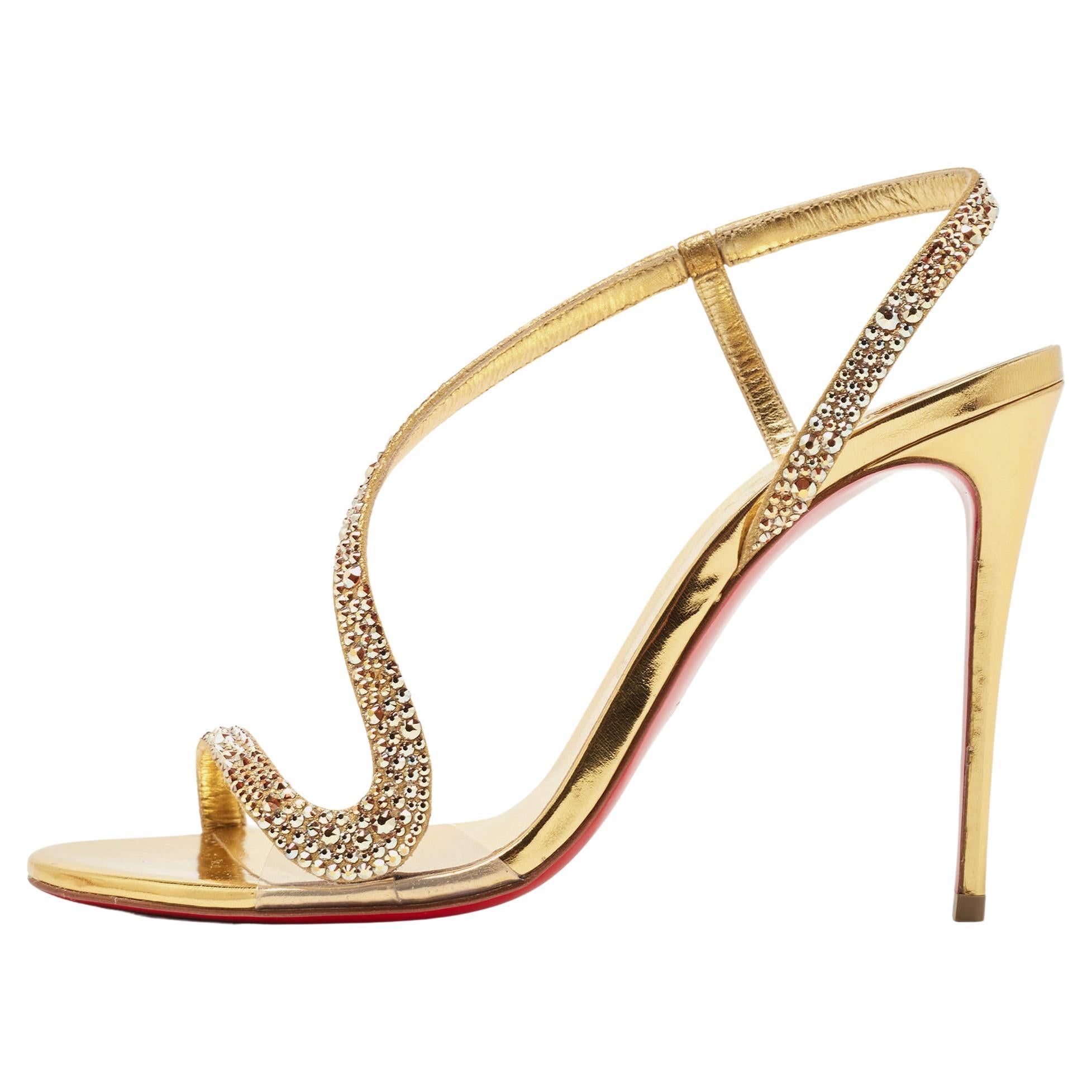 Christian Louboutin Gold Suede Crystal Embellished Rosalie Sandals Size 38