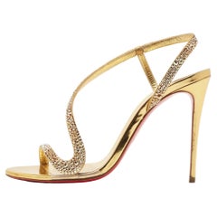 Christian Louboutin Gold Suede Crystal Embellished Rosalie Sandals Size 38