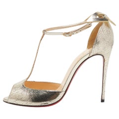 Christian Louboutin Gold Textured Leather Aribak Bow Sandals Size 38