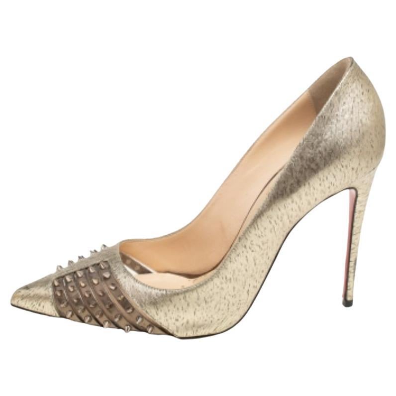 Christian Louboutin Gold Textured Leather Spike Bareta Pumps Size 36
