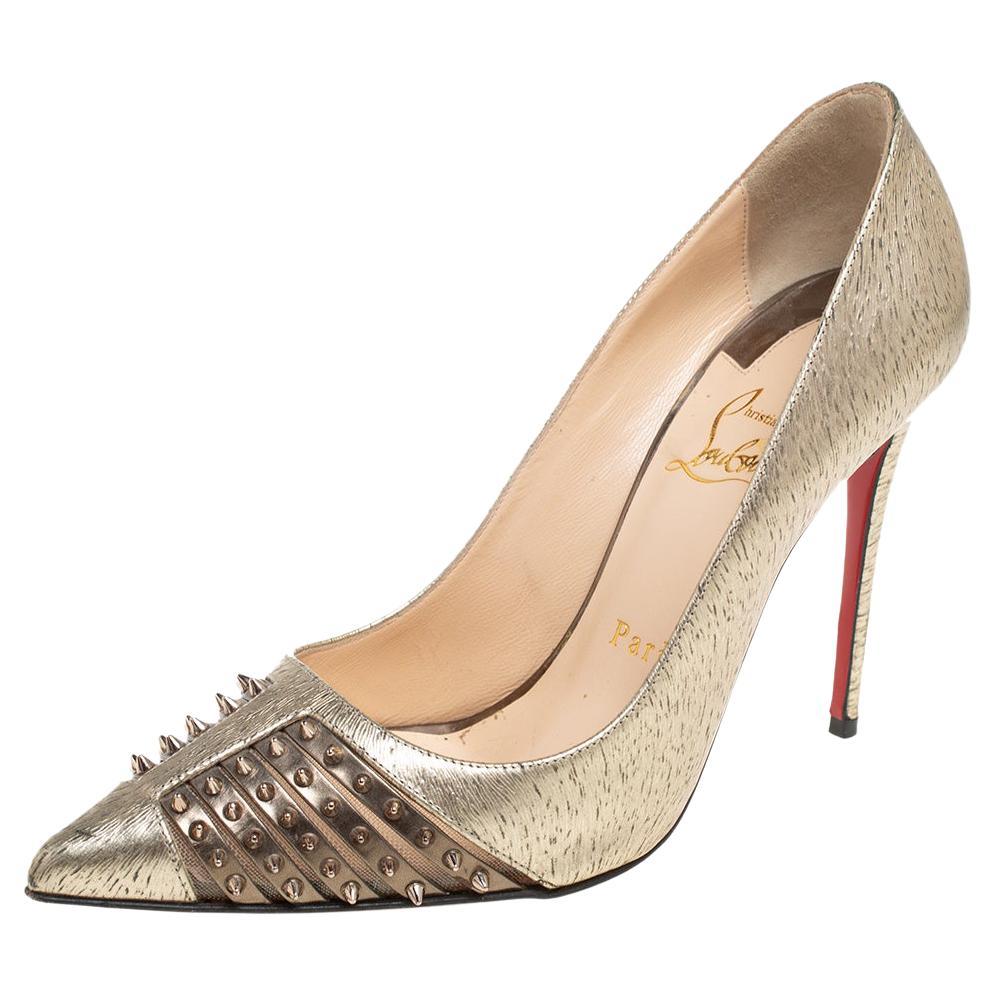 Christian Louboutin Gold Textured Leather Spike Bareta Pumps Size 36