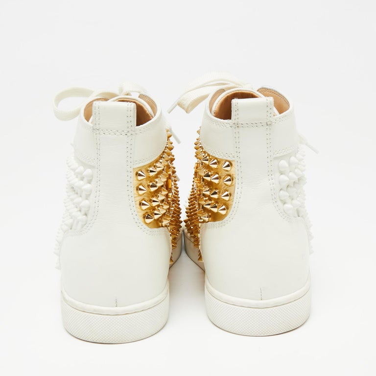 Kano Sige Lilla Christian Louboutin Gold/White Leather Louis Spikes High Top Sneakers Size  39.5 For Sale at 1stDibs