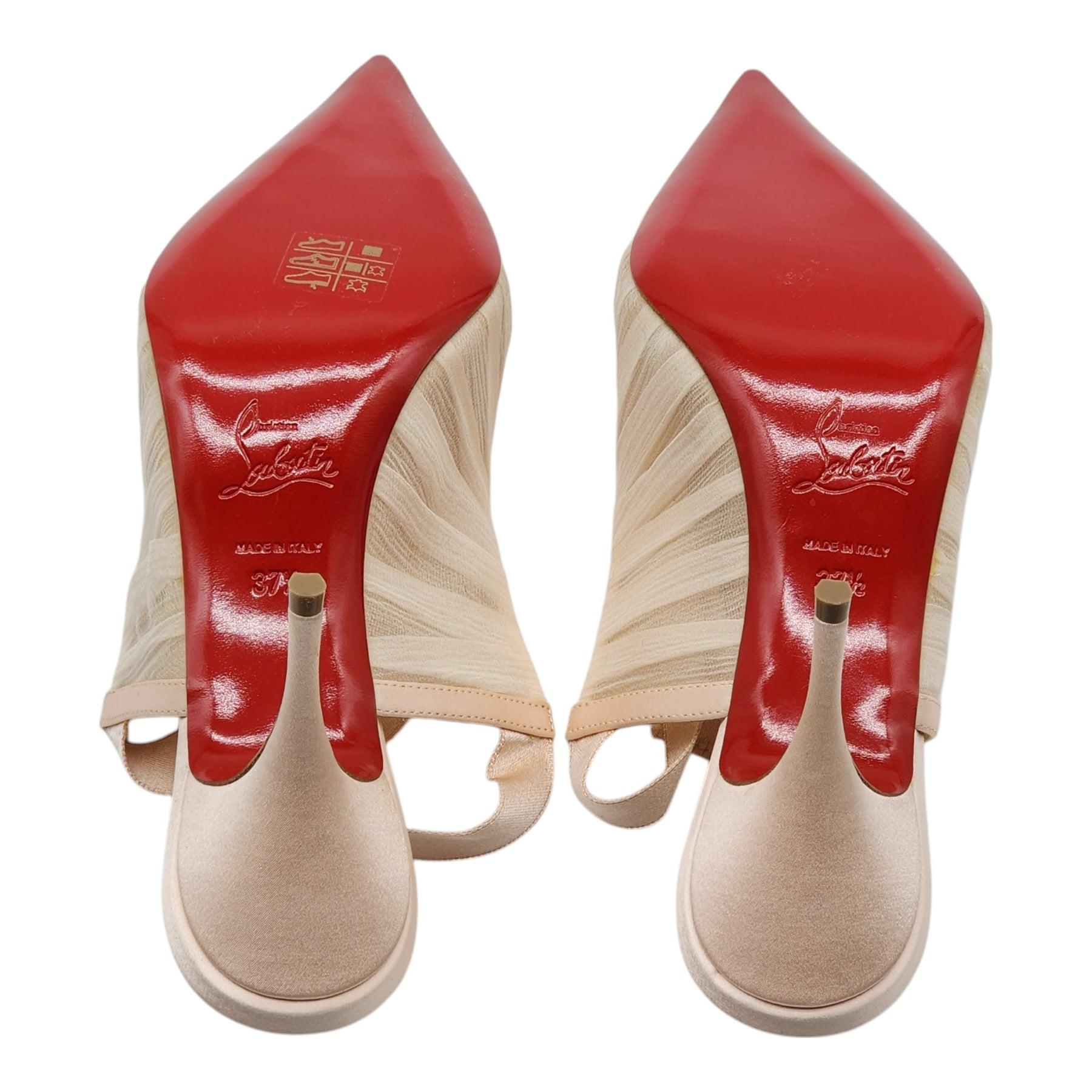Christian Louboutin Goya Ruban Pumps Chiffon And Satin in Nude In Excellent Condition In Los Angeles, CA