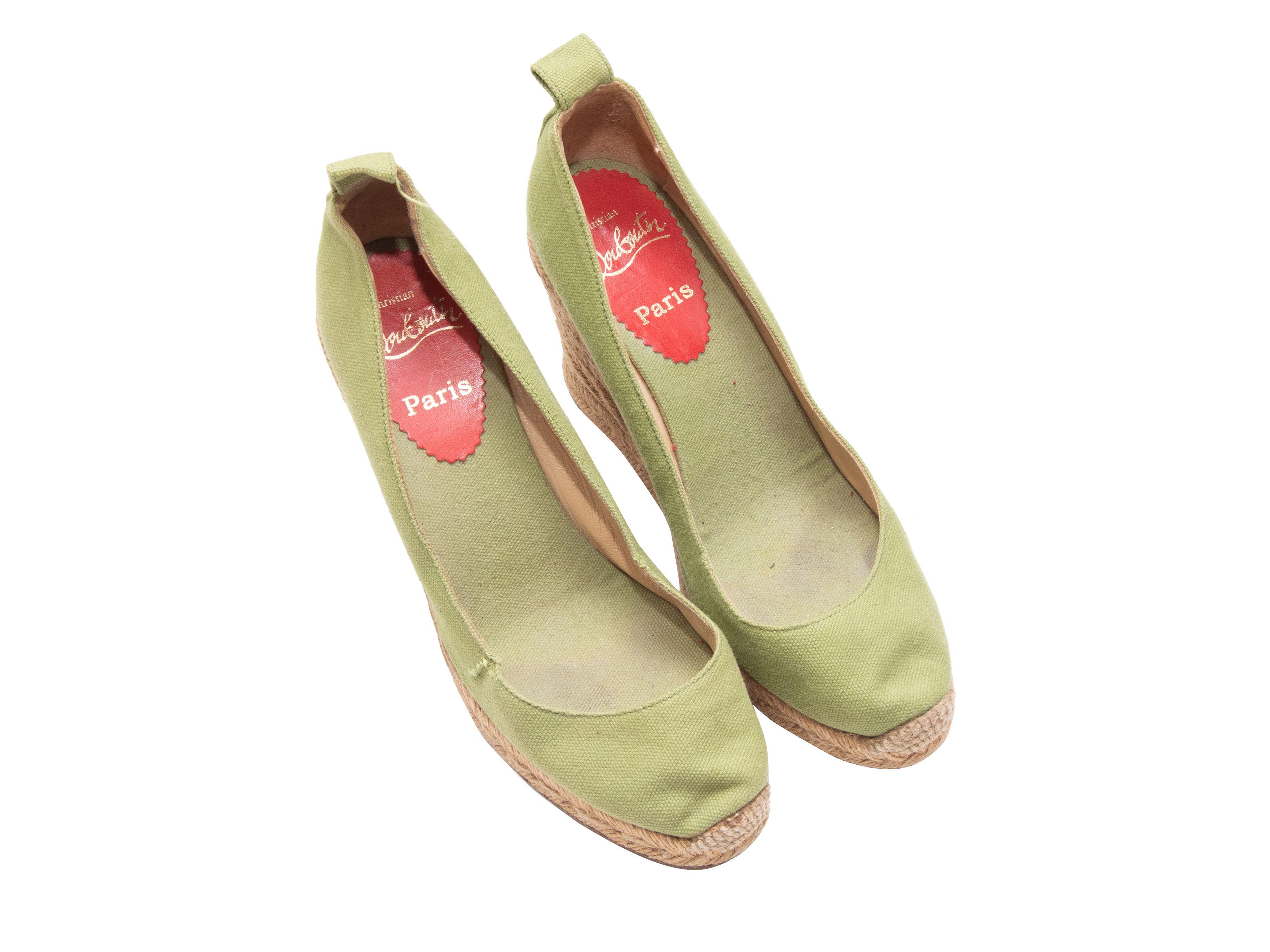 Christian Louboutin Green & Beige Espadrille Wedges In Good Condition For Sale In New York, NY
