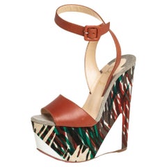 Used Christian Louboutin Green/Brown Leather and Canvas Wedge Platform Sandals Size35