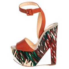 Christian Louboutin Green/Brown Leather Wedge Platform Sandals Size 35 (Sandales à semelles compensées en cuir)