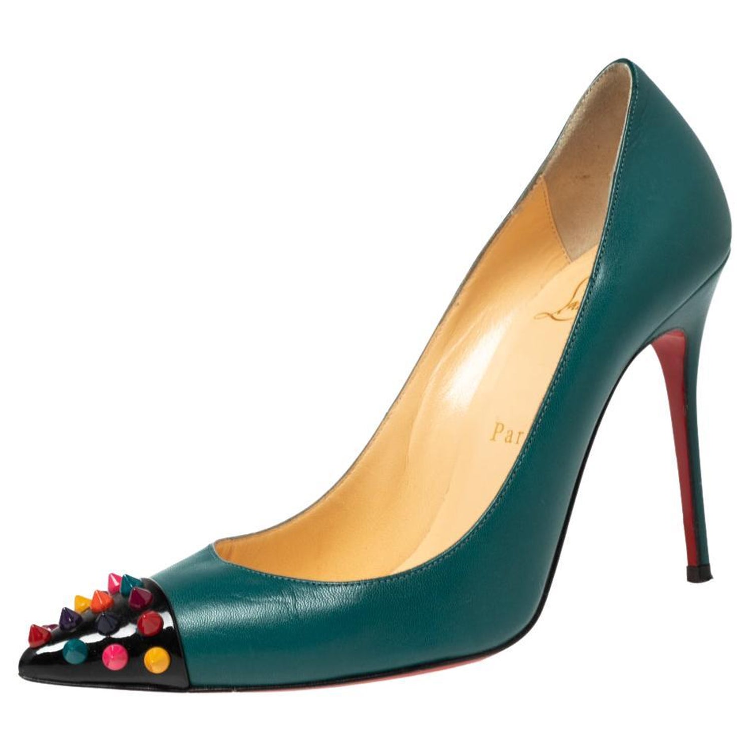 Christian Louboutin Green Leather Geo Spike Cap-Toe Pumps Size 36 For Sale  at 1stDibs