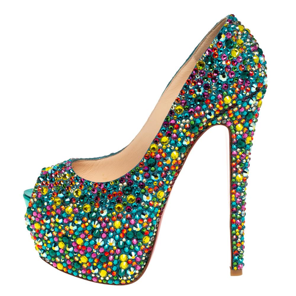 Take your love for Louboutins to new heights by adding this gorgeous pair to your collection. The pumps simply speak high fashion in every stitch and curve. The exteriors are covered in crystals and the pumps are finished with platforms, 15 cm