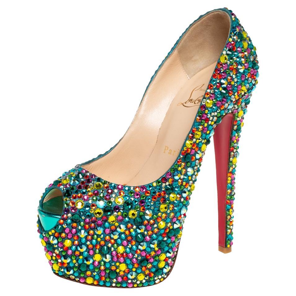Christian Louboutin Green Leather Highness Crystal Embellished Pumps Size 36.5 For Sale