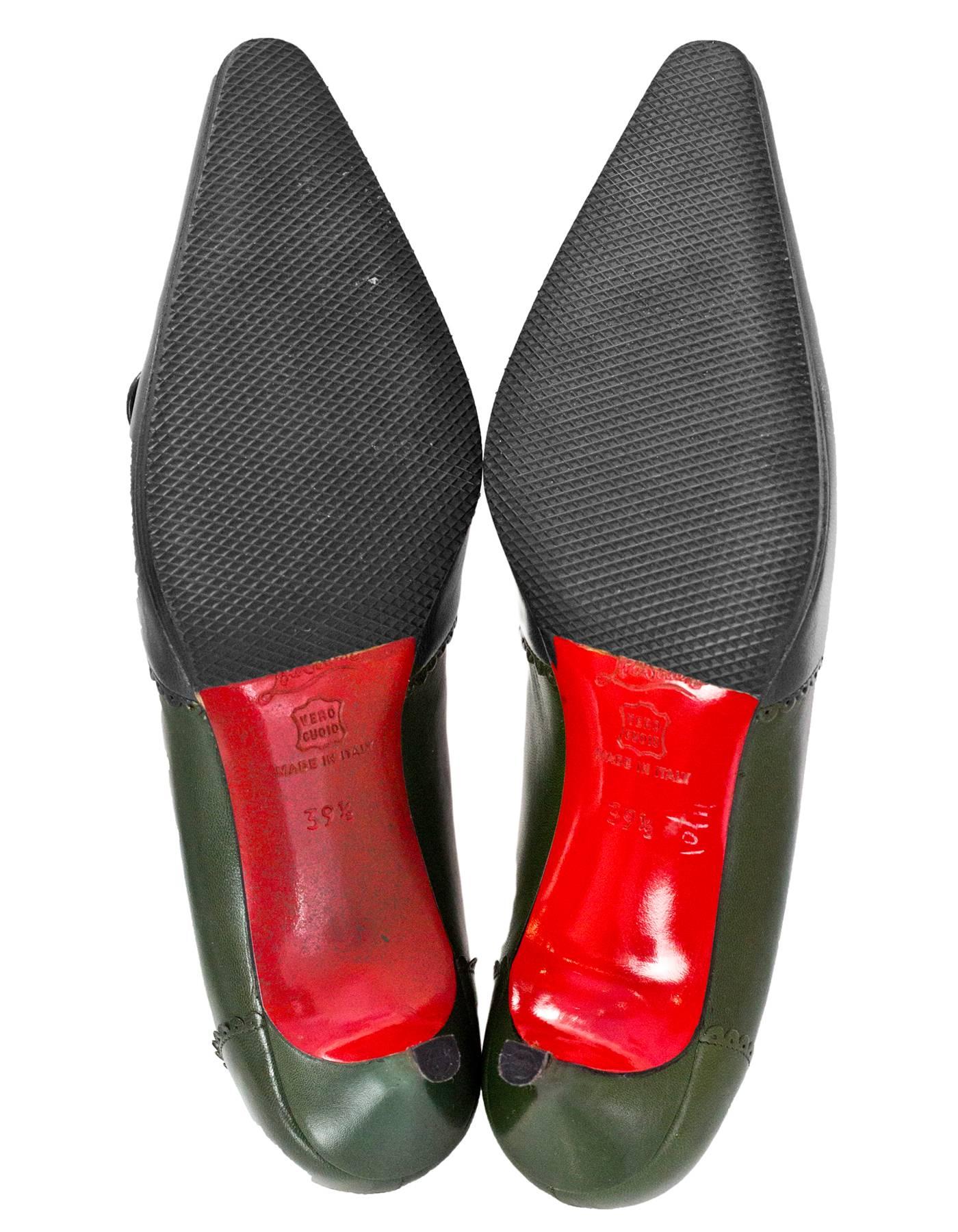 Christian Louboutin Green Leather Kitten Heels Sz 39.5 In Good Condition In New York, NY