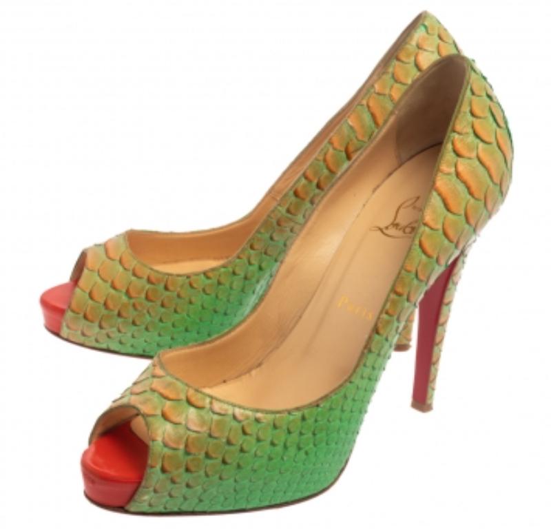 Those stylish outfits will look a lot more appealing with these Very Prive pumps from Christian Louboutin. They have been crafted from green and orange python skin into a peep-toe silhouette. They are made comfortable with leather-lined insoles and
