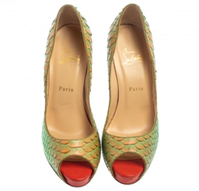Brown Christian Louboutin Green/Orange Python Very Prive Peep Toe Pumps Size 40 For Sale