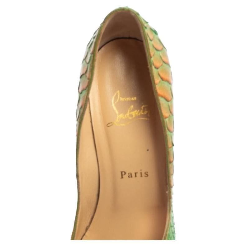 Women's Christian Louboutin Green/Orange Python Very Prive Peep Toe Pumps Size 40 For Sale