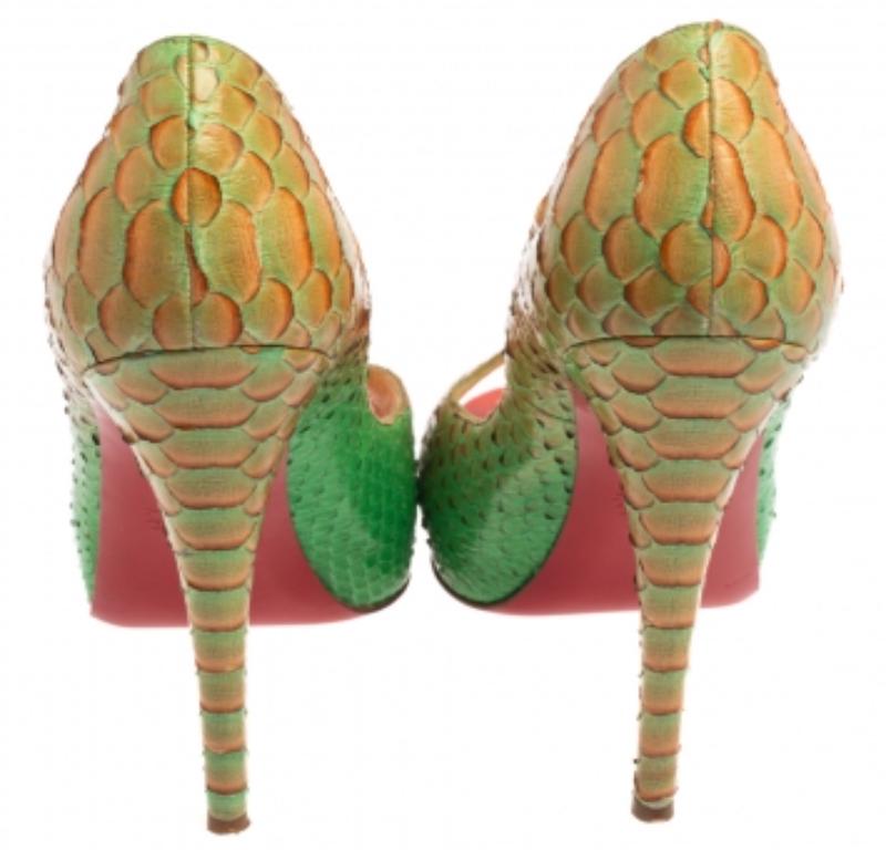Christian Louboutin Green/Orange Python Very Prive Peep Toe Pumps Size 40 For Sale 1