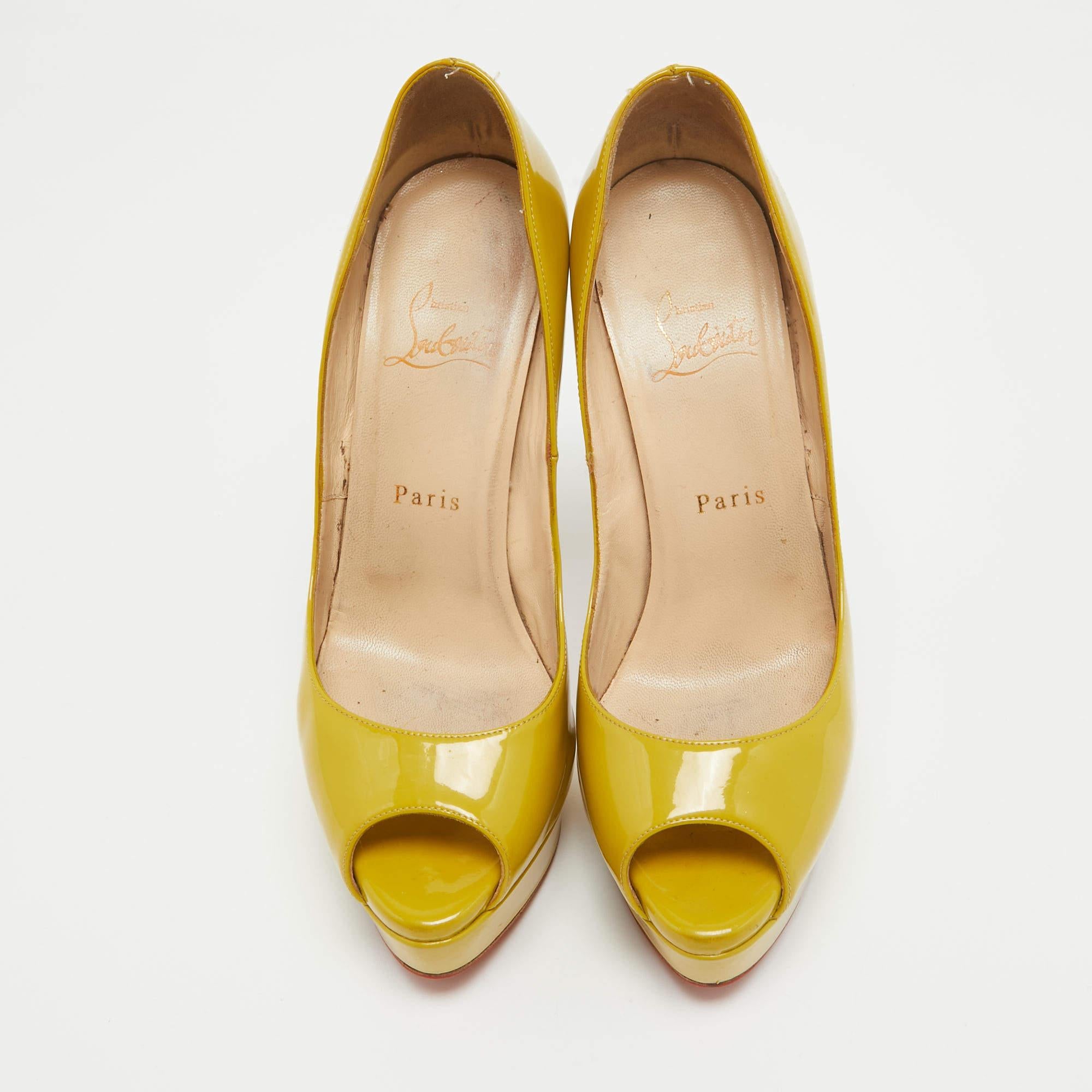 Orange Christian Louboutin Green Patent Lady Peep Pumps Size 38