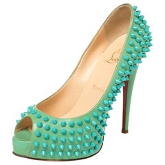 Christian Louboutin Green Patent Lady Peep Toe Spikes Platform Pumps Size 37.5