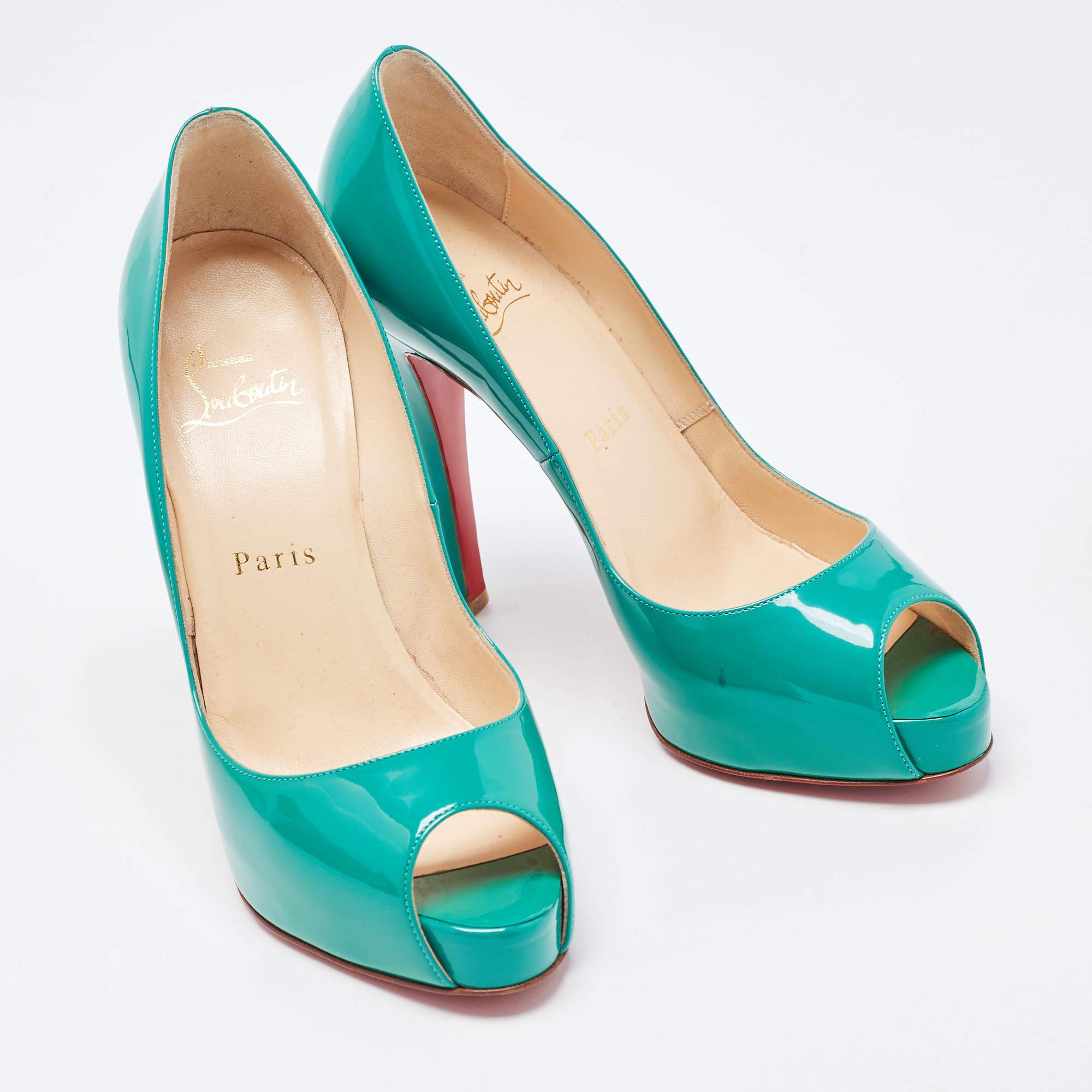 Christian Louboutin Green Patent Leather Lady Peep Pumps Size 36.5 In Good Condition For Sale In Dubai, Al Qouz 2