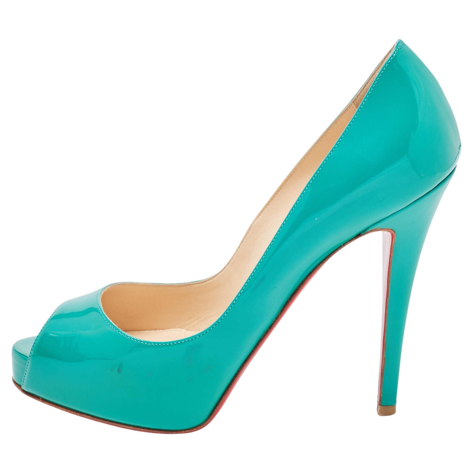 Christian Louboutin Green Patent Leather Lady Peep Pumps Size 36.5 For Sale