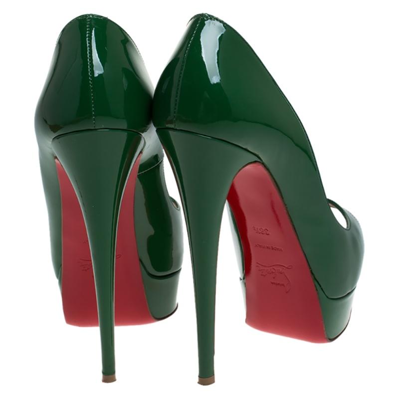 Black Christian Louboutin Green Patent Leather Lady Peep Toe Platform Pumps Size 38.5
