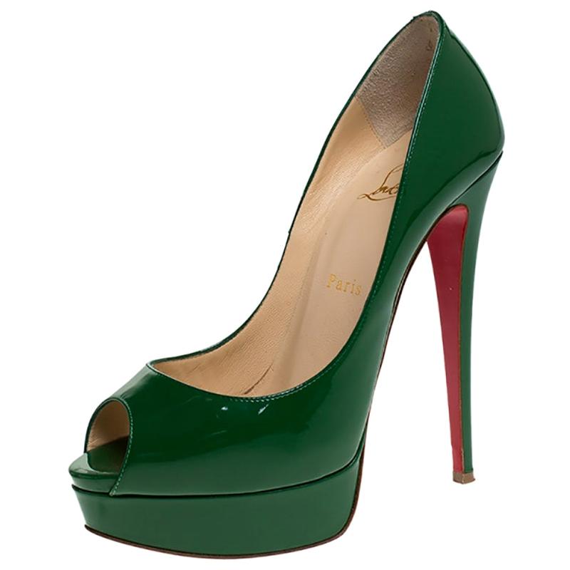Christian Louboutin Green Patent Leather Lady Peep Toe Platform Pumps Size 38.5