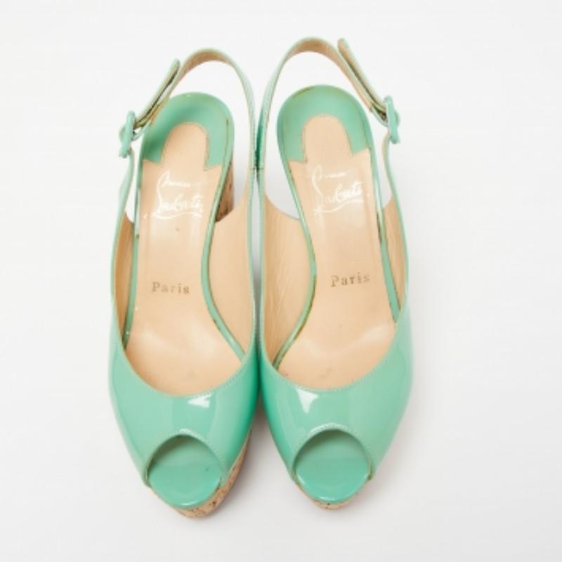 Beige Christian Louboutin Green Patent Leather Peep Toe Wedge Sandals Size 36 For Sale