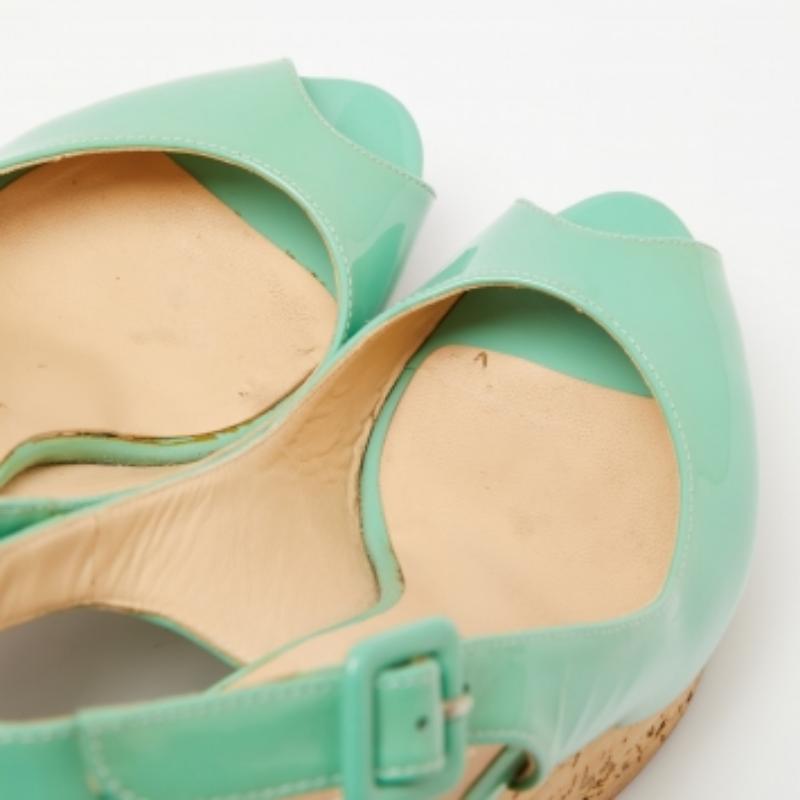 Christian Louboutin Green Patent Leather Peep Toe Wedge Sandals Size 36 For Sale 1
