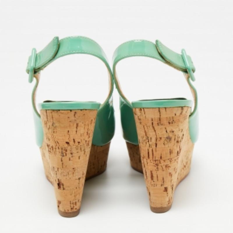 Christian Louboutin Green Patent Leather Peep Toe Wedge Sandals Size 36 For Sale 3
