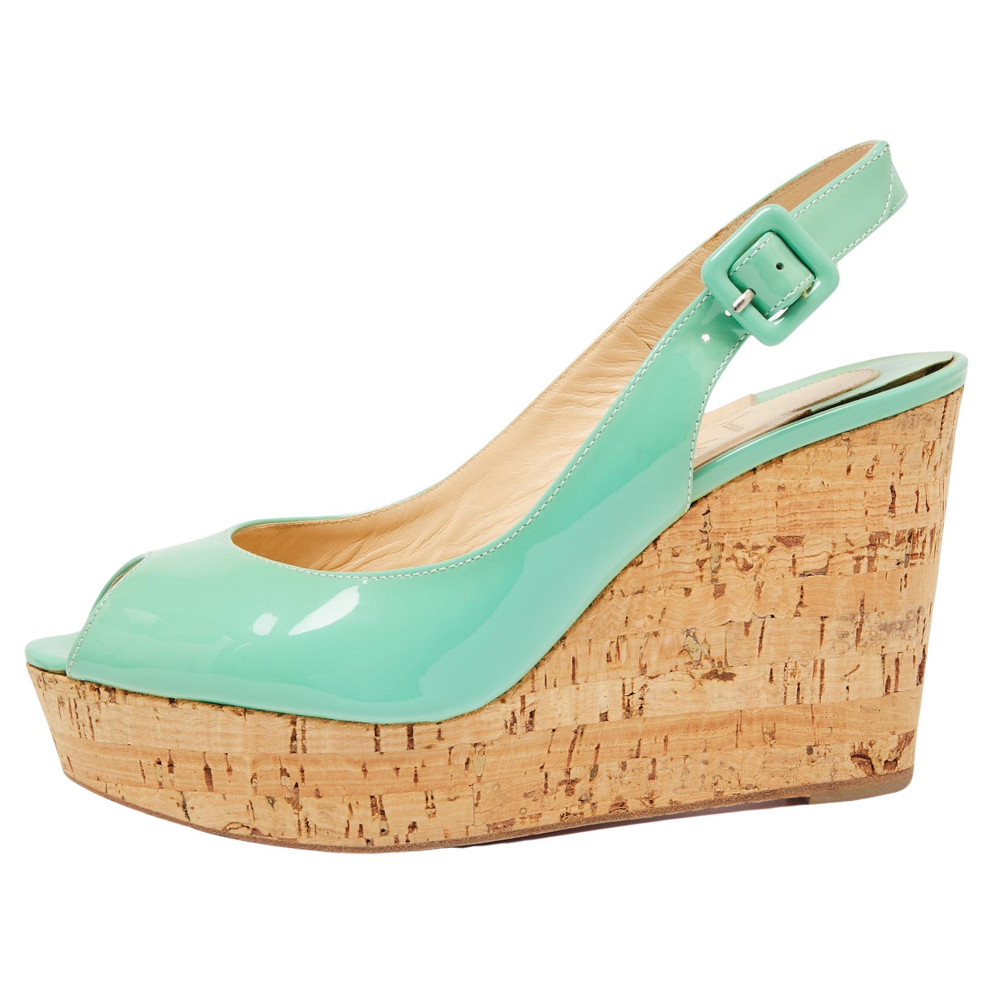 Christian Louboutin Green Patent Leather Peep Toe Wedge Sandals Size 36 For Sale
