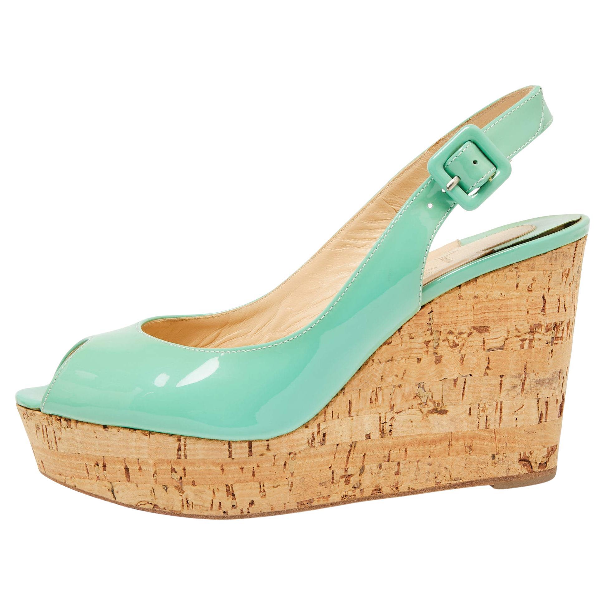 Christian Louboutin Green Patent Leather Peep Toe Wedge Sandals Size 36 For Sale