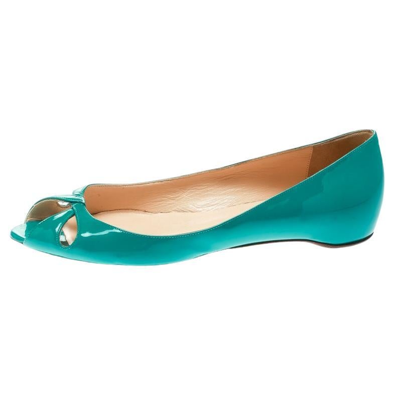 Christian Louboutin Green Patent Leather Un Voilier Peep Toe Flats Size 36.5 For Sale