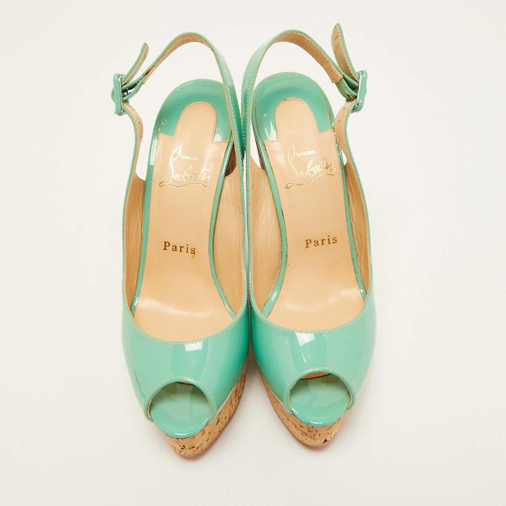 Brown Christian Louboutin Green Patent Leather Une Plume Cork Wedge Sandals Size 37.5