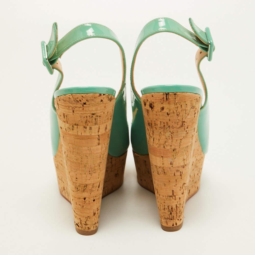 Women's Christian Louboutin Green Patent Leather Une Plume Cork Wedge Sandals Size 37.5