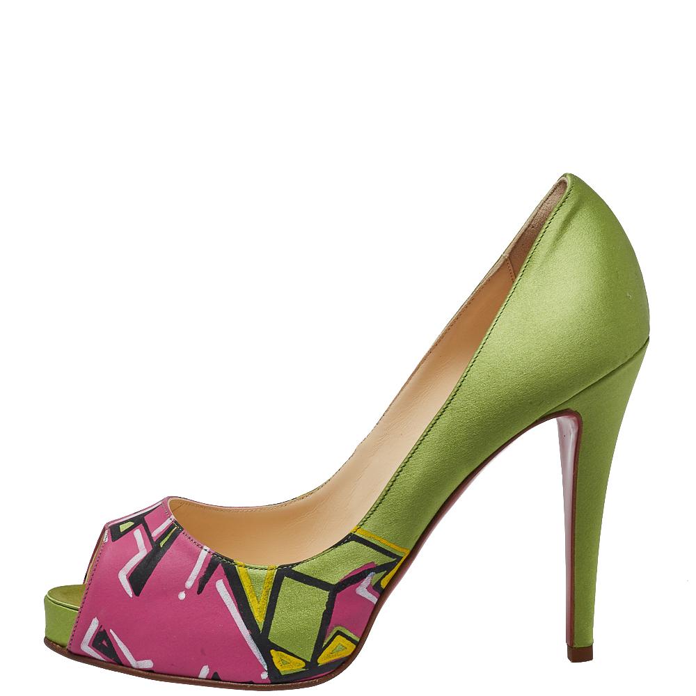 Women's Christian Louboutin Green/Pink Satin New Prive Peep Toe Pumps Size 39