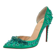 Christian Louboutin Green Satin Brodiriza Embellished D'orsay Pumps Size 39