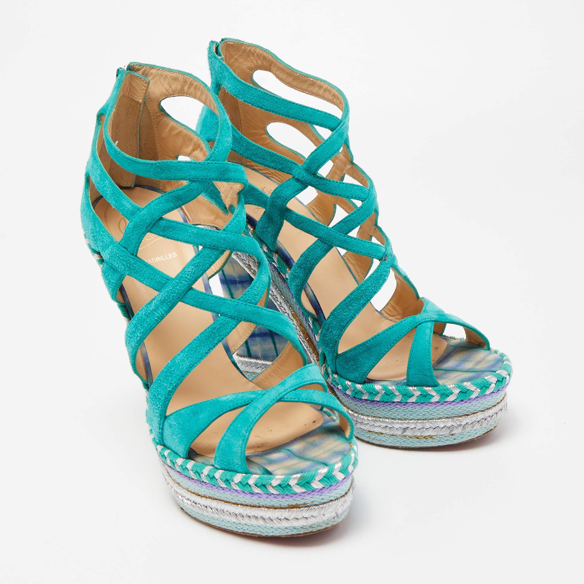 Christian Louboutin Espadrille à plateforme Tosca en daim vert à cage, taille 39 Pour femmes en vente