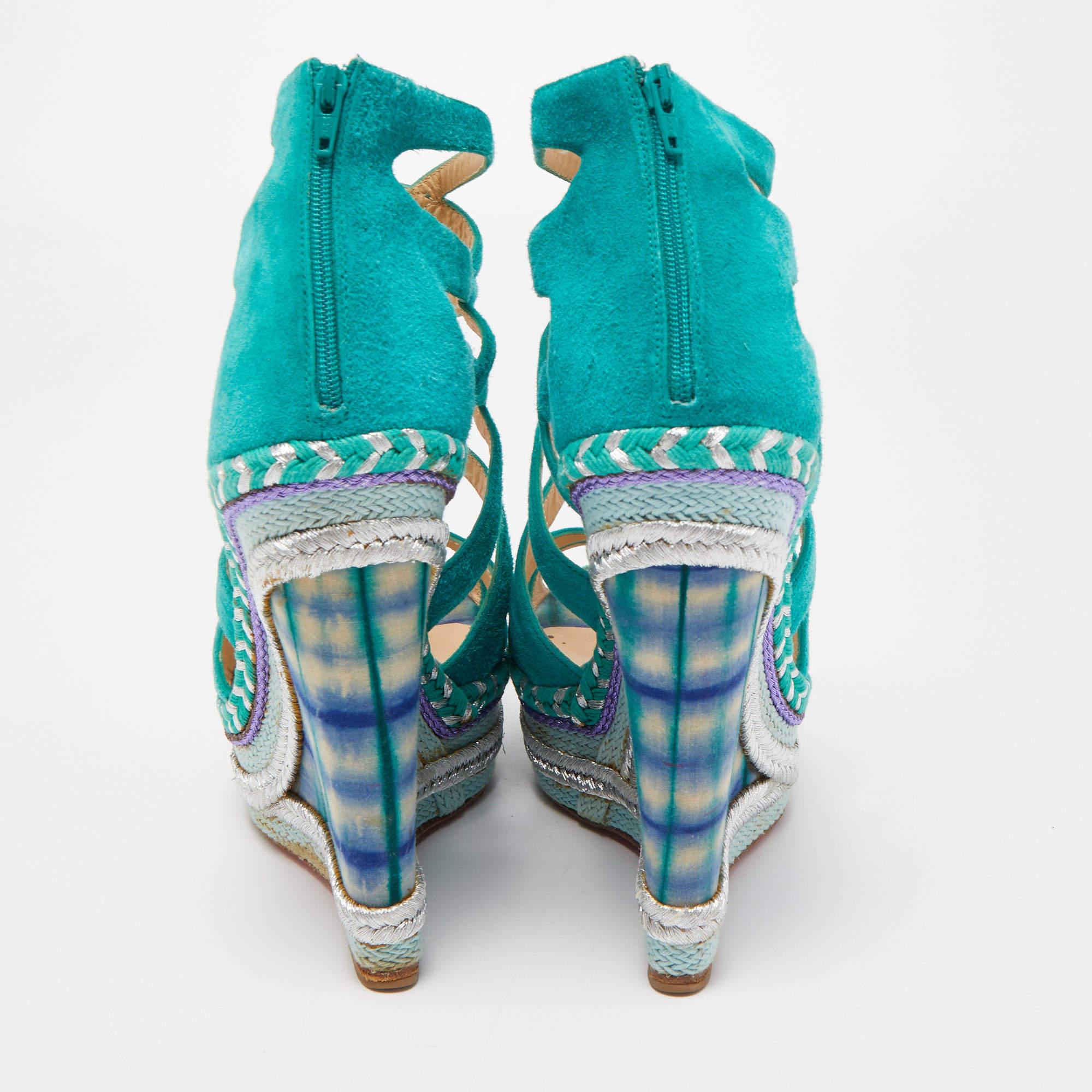 Christian Louboutin Espadrille à plateforme Tosca en daim vert à cage, taille 39 en vente 1