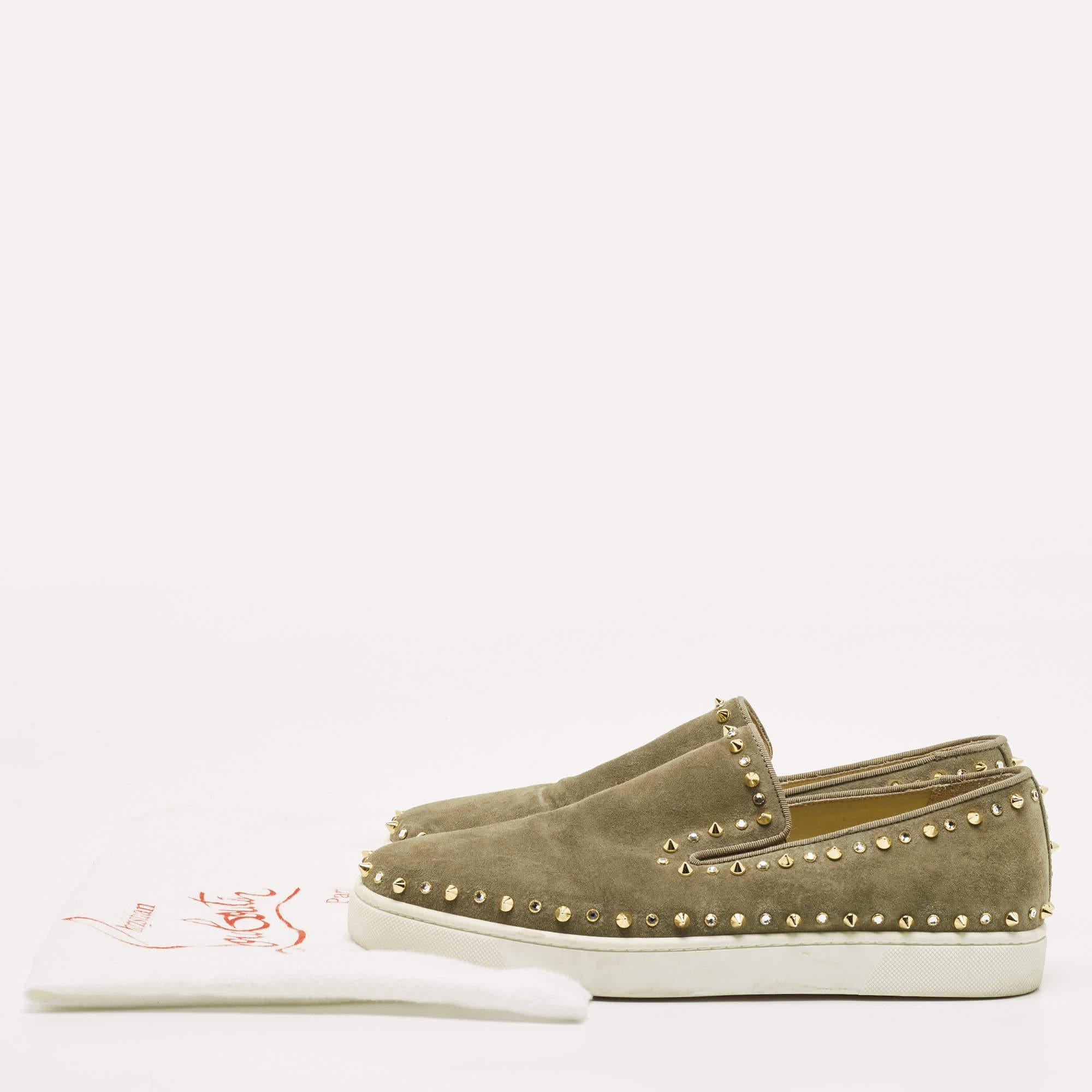 Christian Louboutin Green Suede Embellished Pik Boat Sneakers Size 43 5